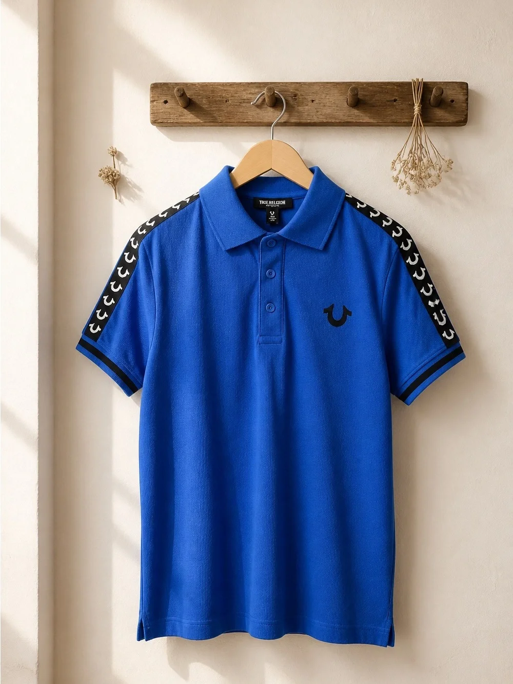True Religion Blue Polo with Black Logo Tape Trim
